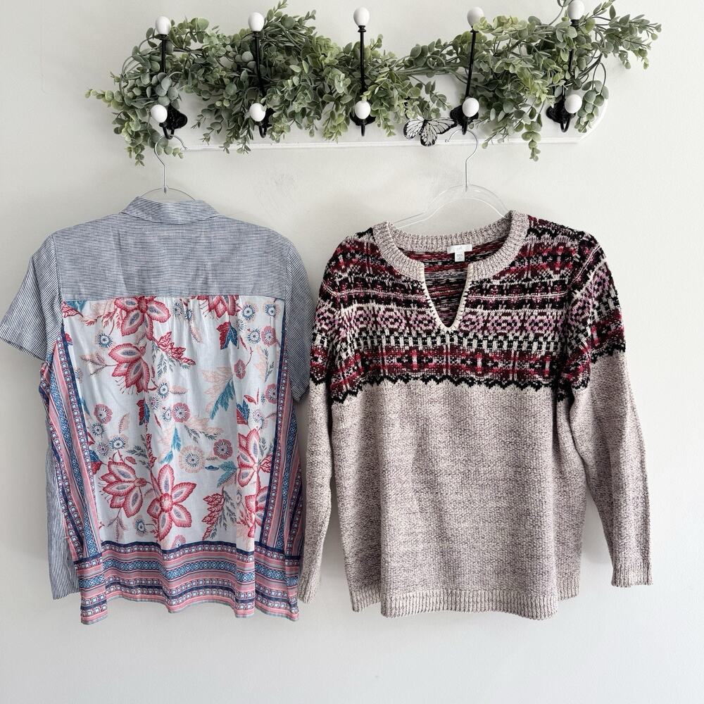 J. Jill Linen Button Down/ Fair Isle Sweater Bundle Medium Petite